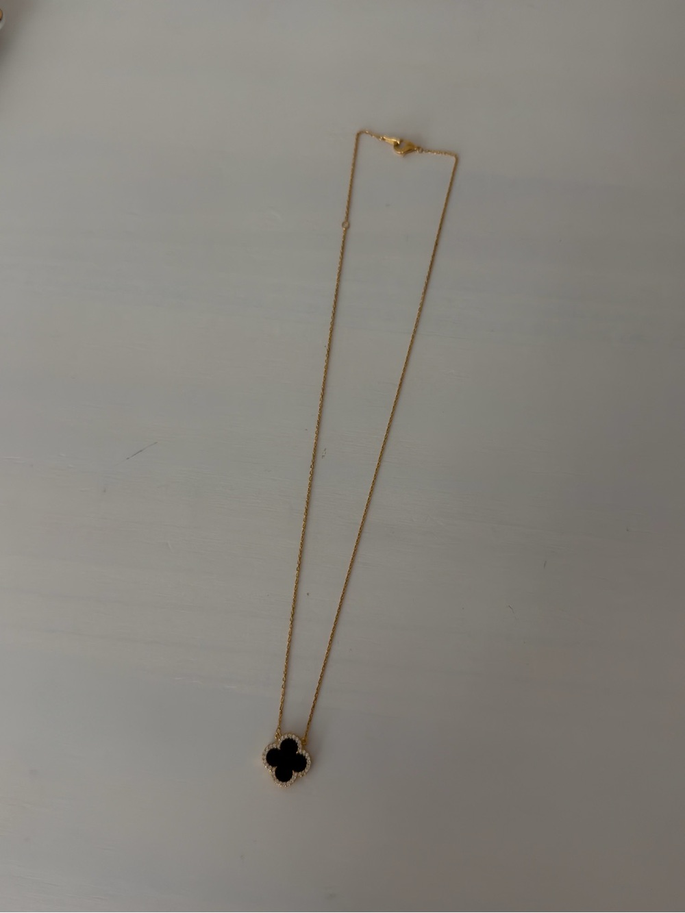 Double Sided Gold Necklace with Clover Pendant and Rhinestones